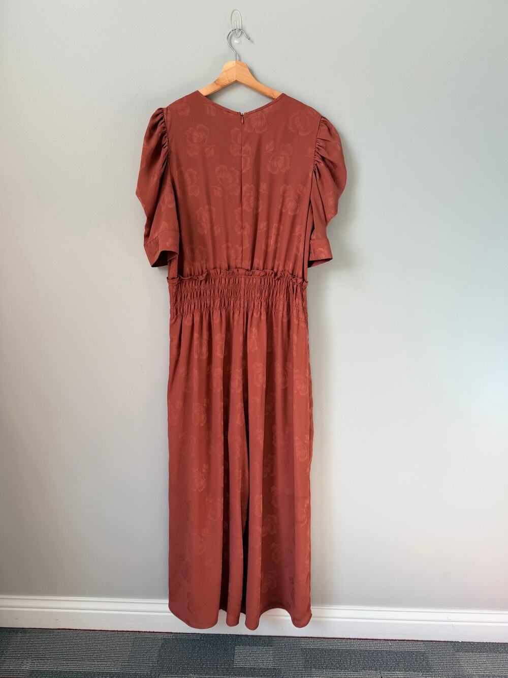 Current Air for Anthropologie Floral Jacquard Smocked Wide-Leg Jumpsuit Size L